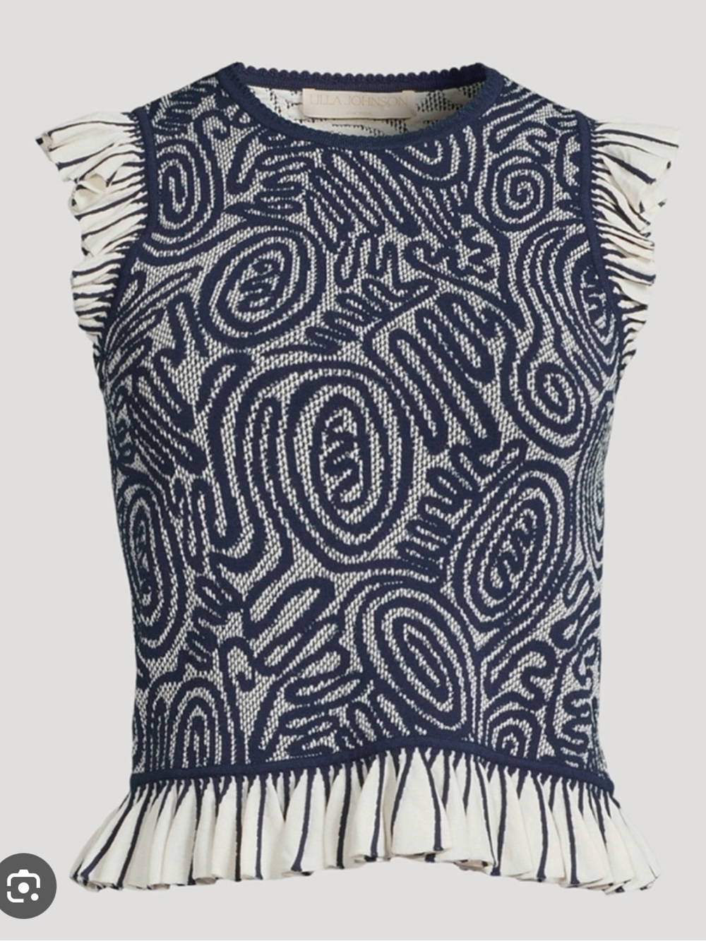 Ulla Johnson Navy & Cream Knit Ruffle Top